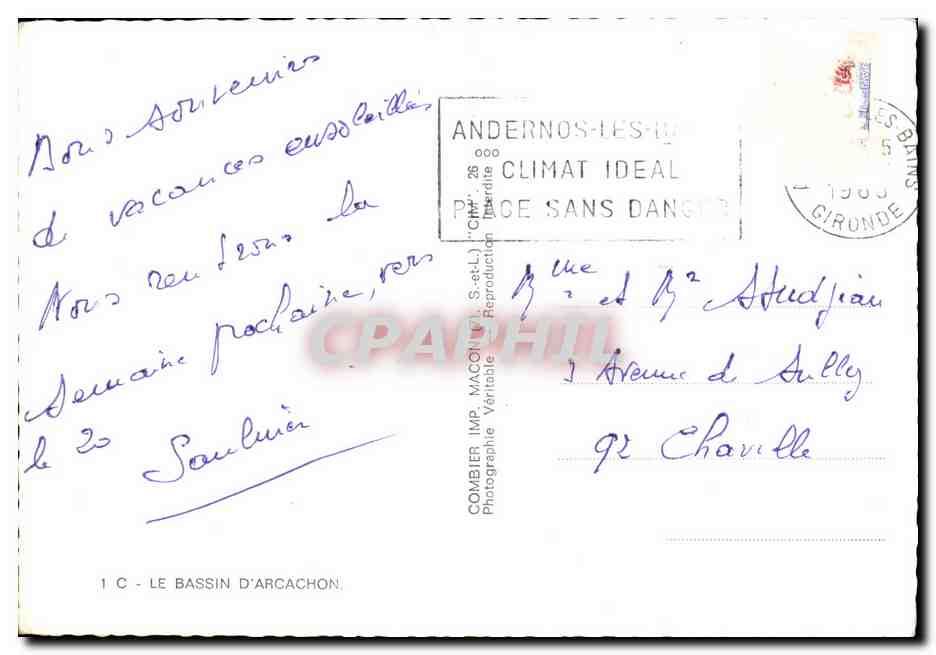 Le Bassin d'Arcachon — Carte postale touristique — Combiér Imp. S.-et-L. — Verso