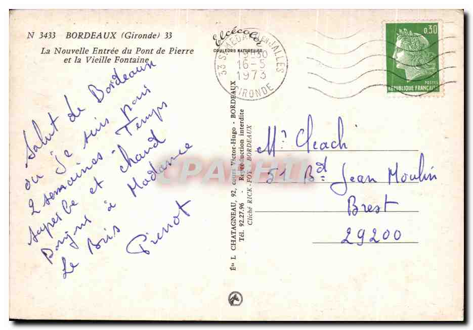 La Nouvelle Entrée du Pont de Pierre et la Vieille Fontaine — Bordeaux — Éditeur Elcée, N° 3433 — Verso