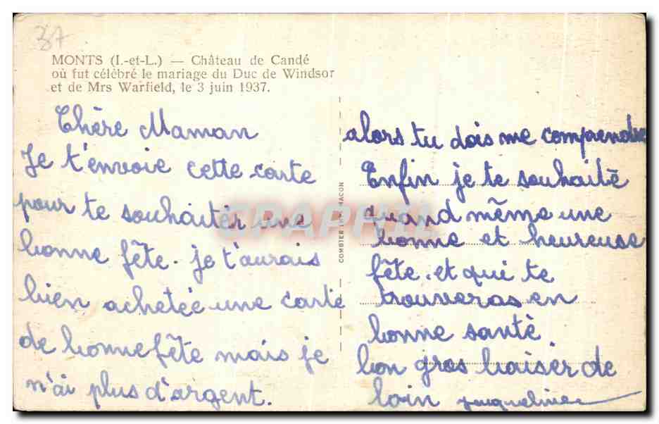CPA Monts Chateau De Cande Ou Fut Celebre Le Mariage Du Duc De Windsor et de Mrs Warfield le 3 juin 1937 — Rückseite