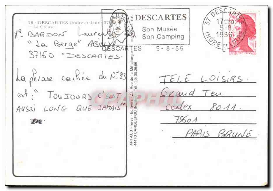 CPM Descartes tindre et Loire la Creuse — Rückseite