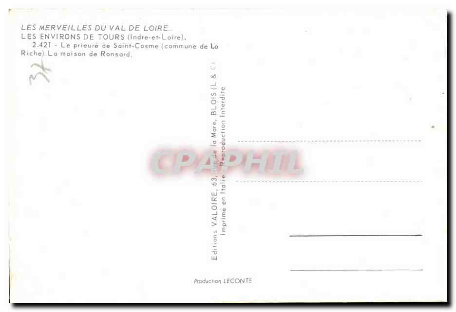 CPM Les Merveilles Du val De Loire les Environs De Tours prieure de Saint Cosme — Verso