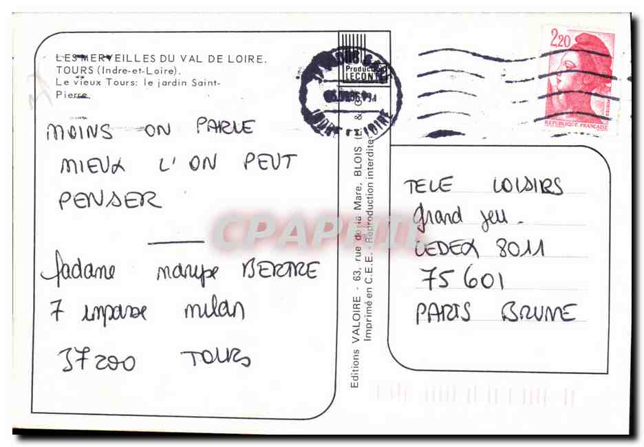 CPM Les Merveilles Du Val De Loire Tours Le Vieux Tours Le Jardin Saint Pierre — Verso