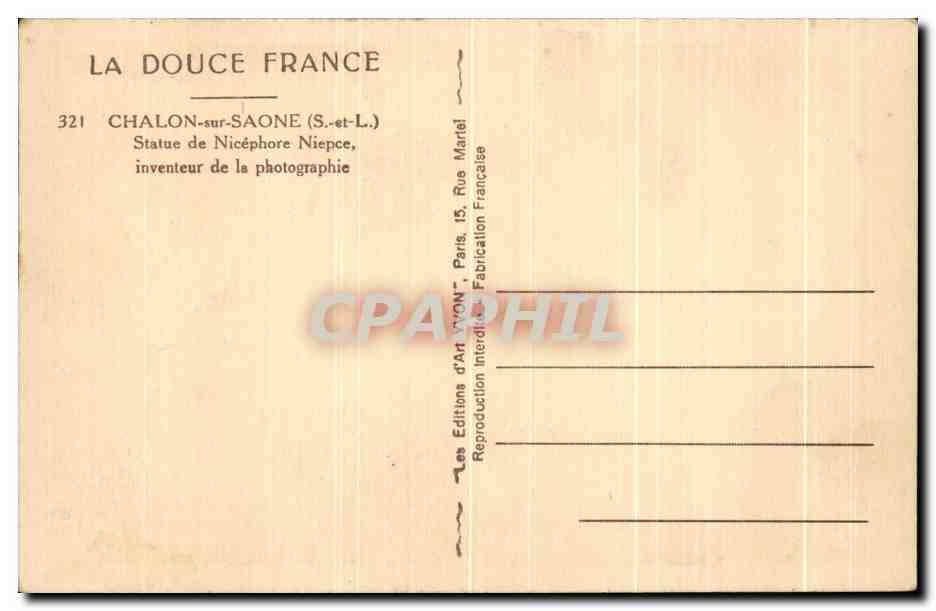 CPA Le Douce France Chalon Sur Saone Statue De Niepce inventeur de la photographie — Rückseite