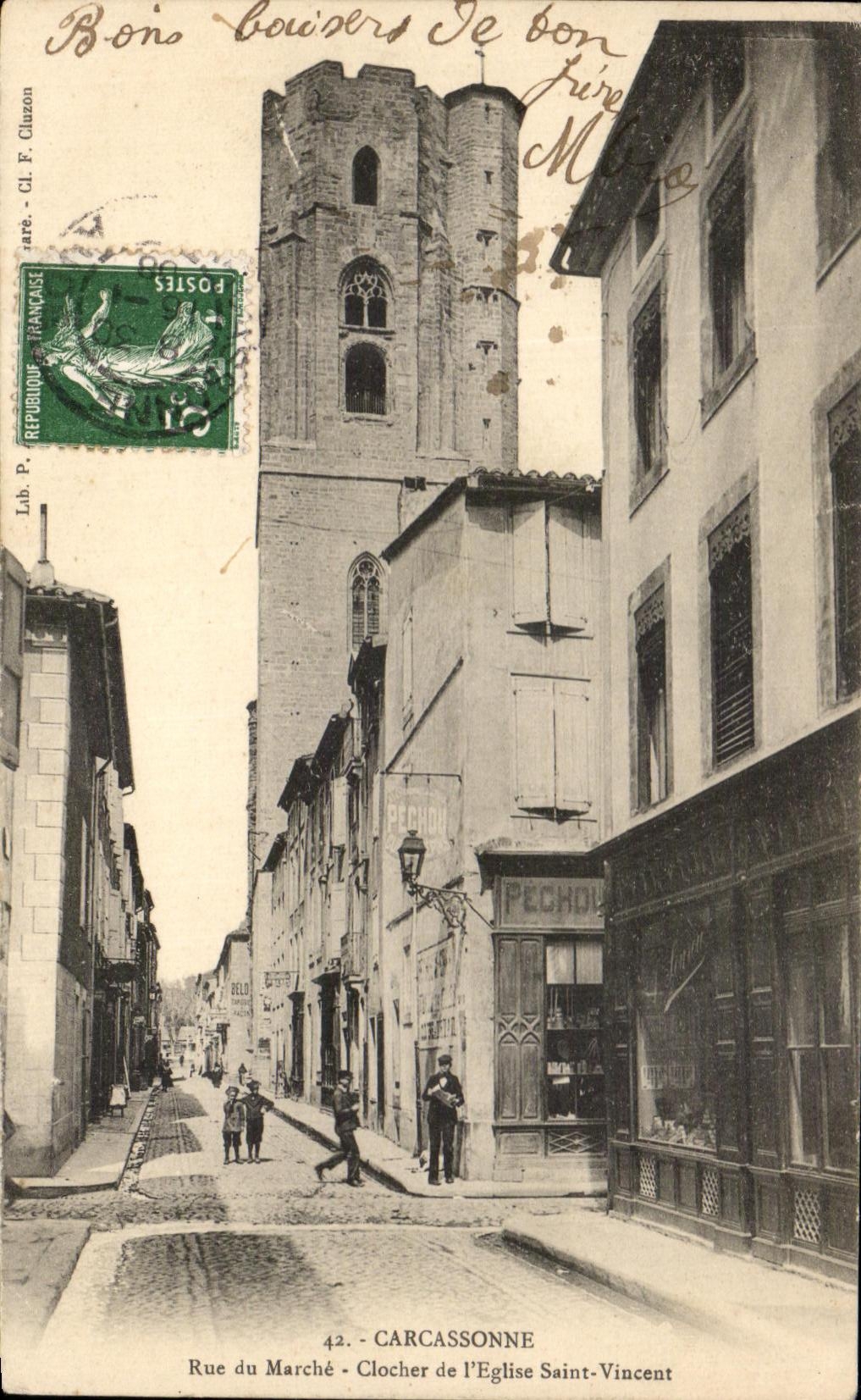 CPA Carcassonne Rue du Marche Clocher de l'Eglise Saint Vincent