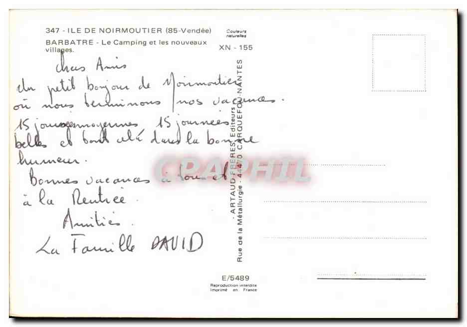 Barbatre — Camping et les nouveaux villages — Artaud-Frères Éditeurs, XN-155 — Verso