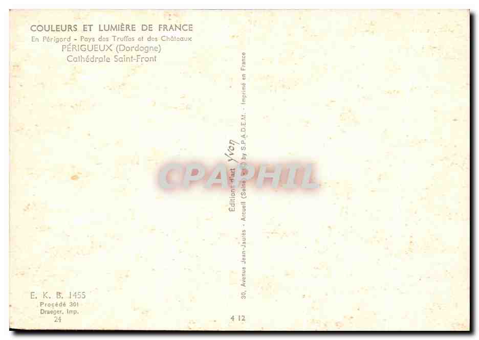 CPSM Couleurs Et Lumiere De France En Perigueux Cathedrale Saint Front — Rückseite