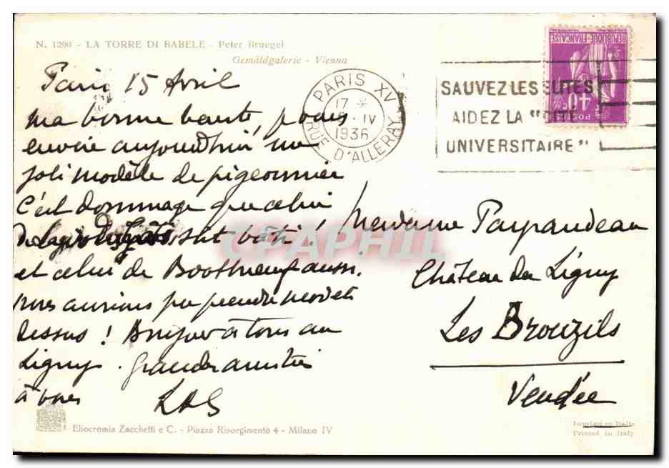 CPA La Torre De Babele Peter Brurgel Gemaldgalerie Vienna — Verso