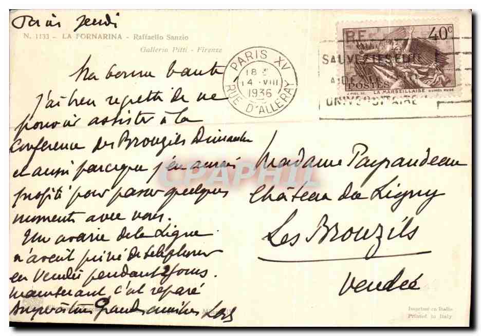 CPA La Fornarina Raffaclio Sanzio Galierin Pitti Firenze — Verso