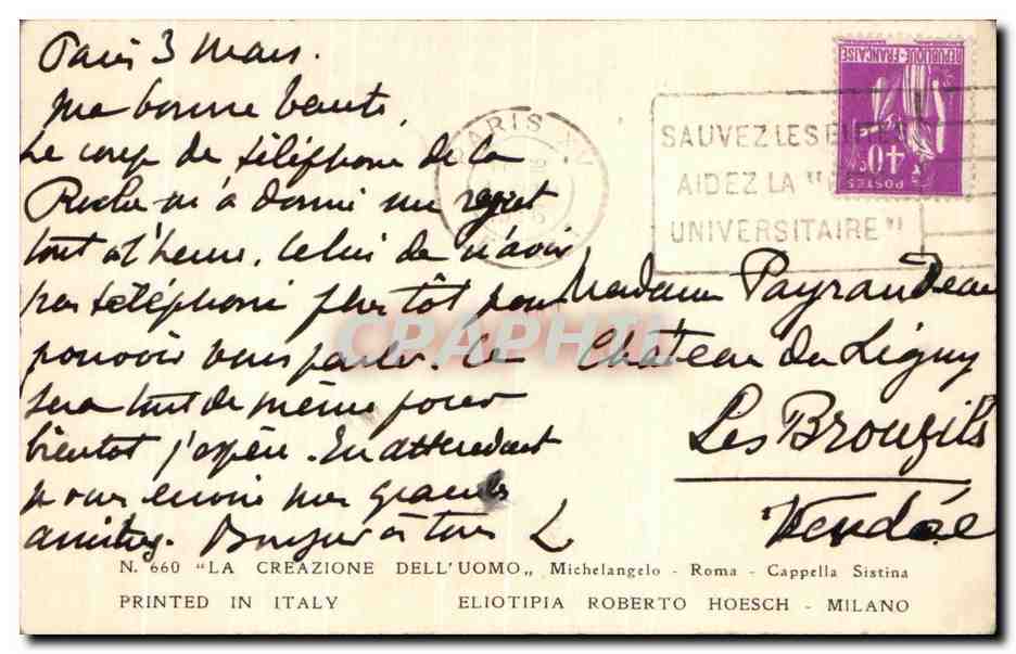 CPA La Creazione dell Uomo Michelangelo Roma Cappella Sistina  — Verso