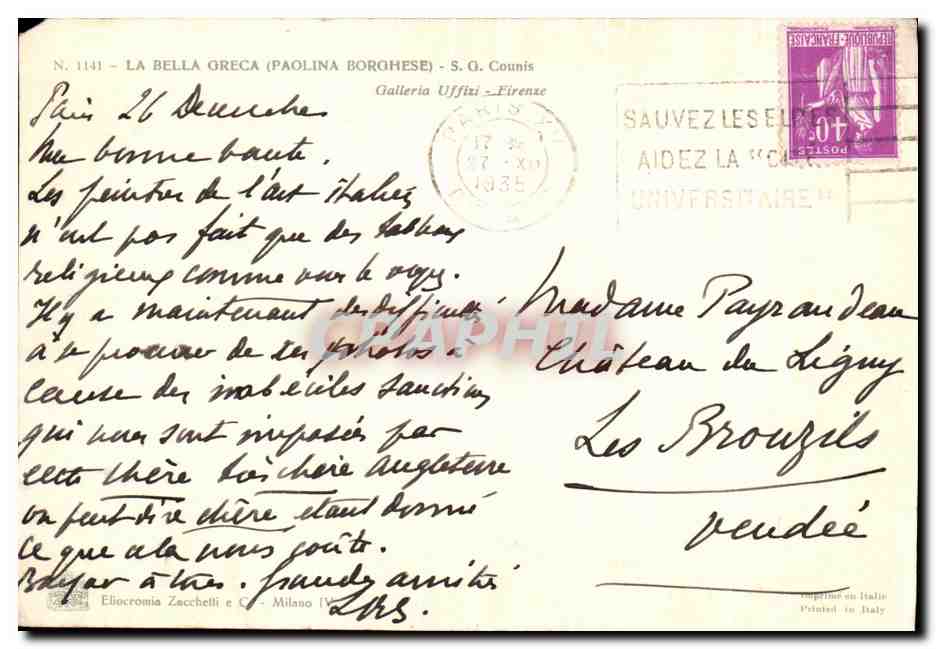 CPA La Bella Greca Counis Galleri Uffizi Firenze — Verso