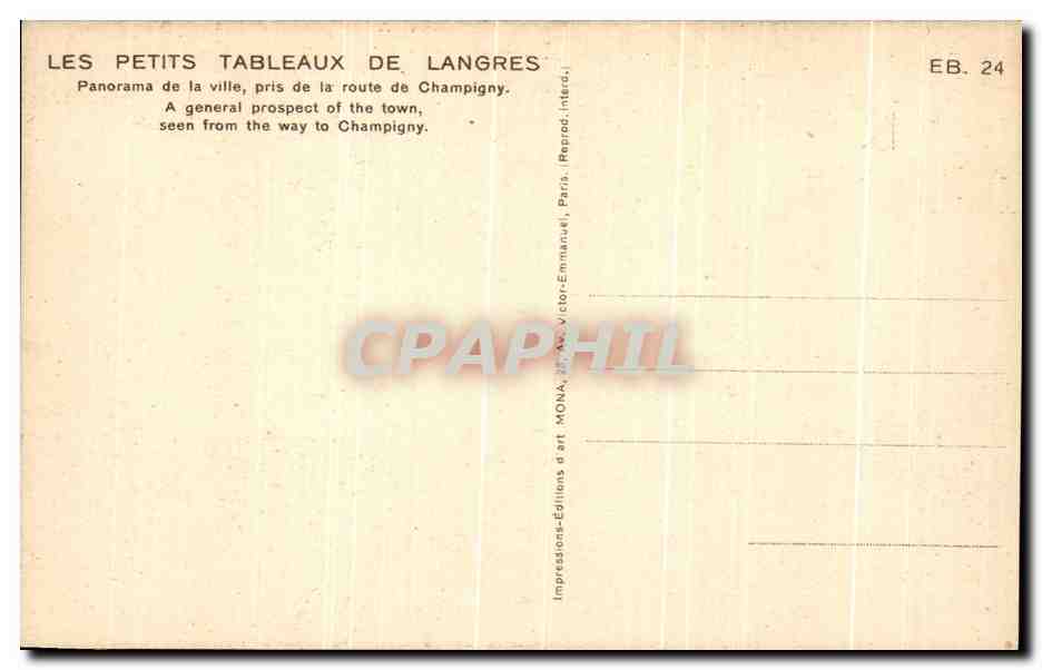 Langres — Panorama de la ville pris de la route de Champigny — Impressions-Éditions d'art MONA, EB. 24 — Verso