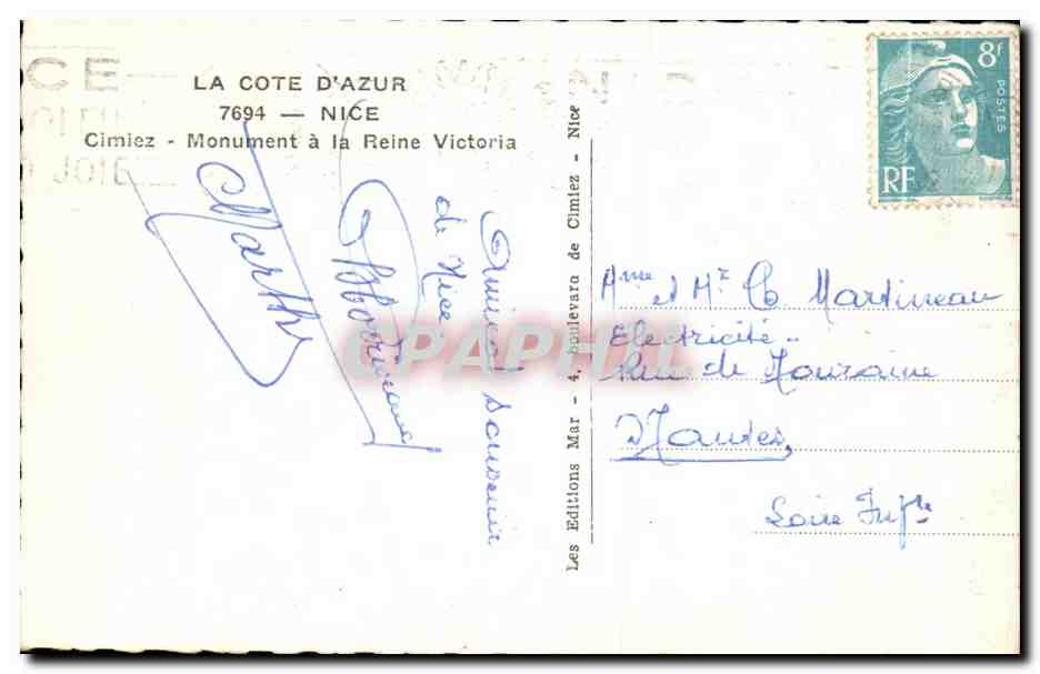 CPA La Cote D'Azur Nice Cimiez Monument a la Reine Victoria — Rückseite