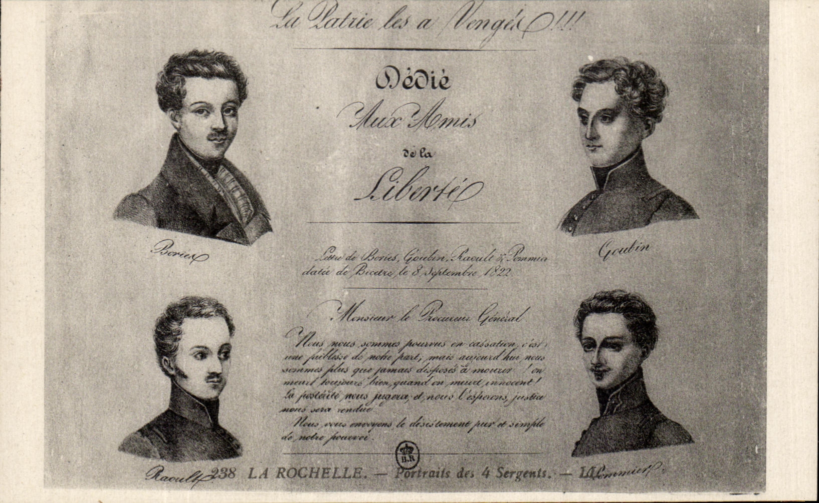 Portraits des 4 Sergents — La Rochelle — Dédicace aux Amis de la Liberté — 8 Septembre 1822