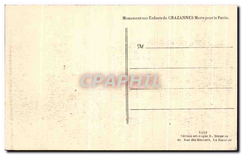 CPA Monument Enfants de Crazannes Morts pours Patrie Militaria  — Back