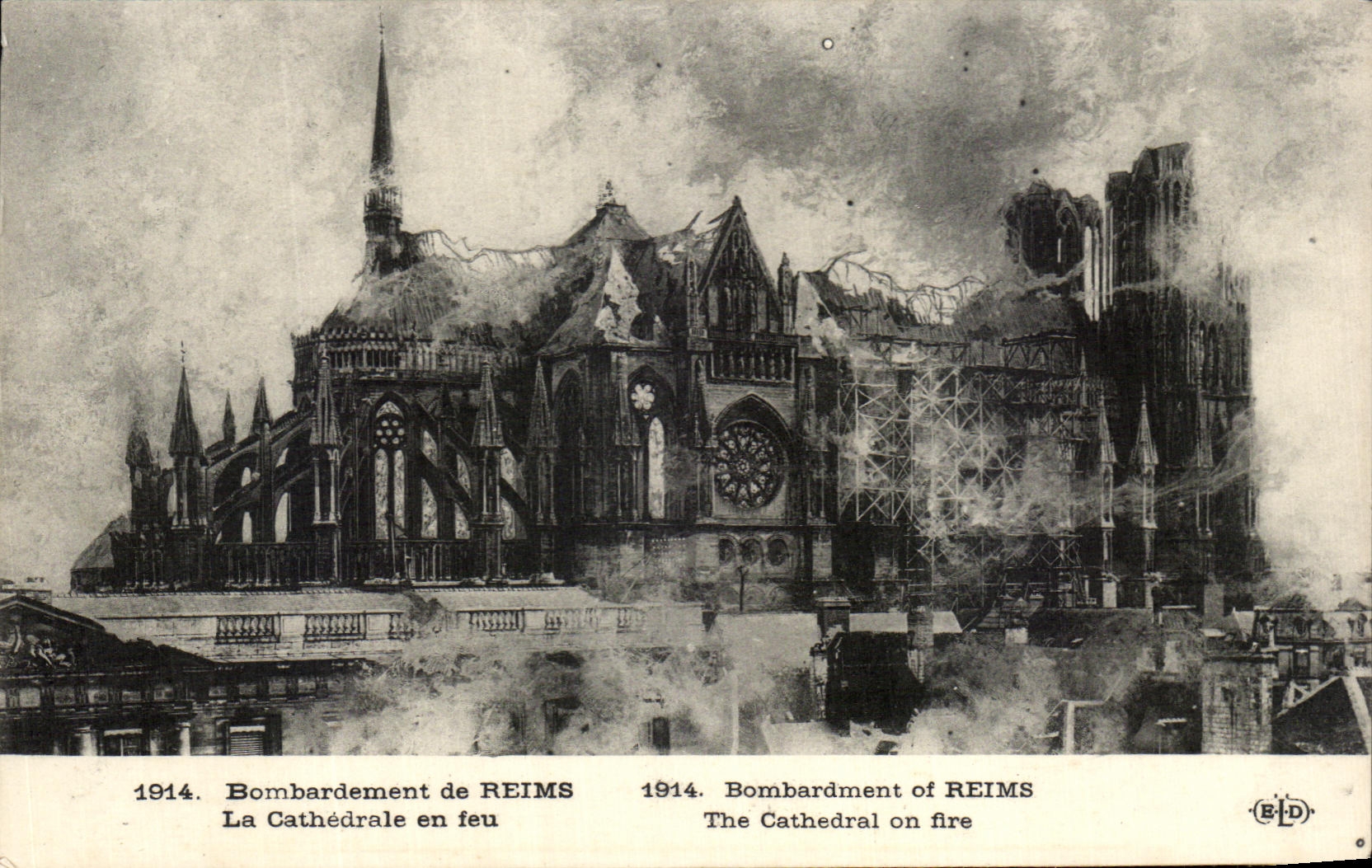 Cathedral of Reims — bombing in flames — EID, series number not visible