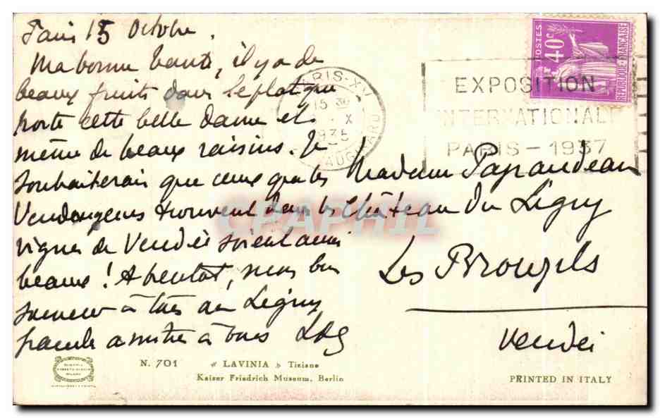 CPA Lavinia Tiziane Kalser Friedrich Museum Berlin — Verso
