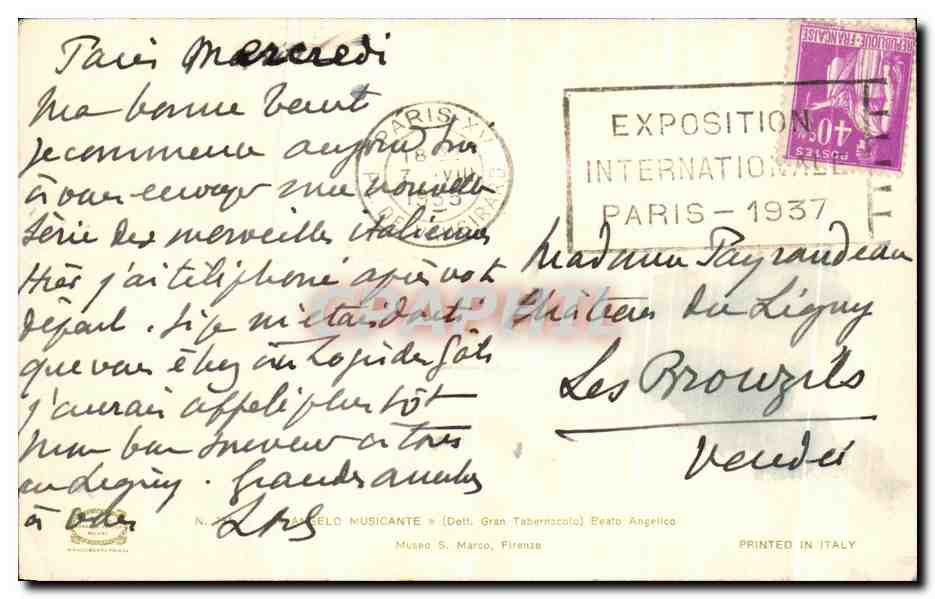 CPA Angelo Musicante Beato Angelico Mudro S Marco Firenze — Verso