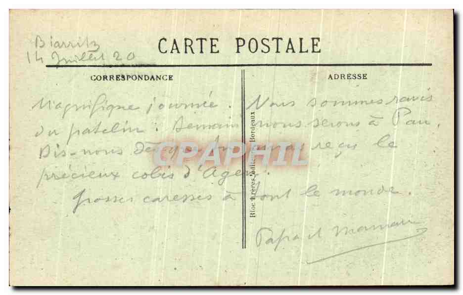 CPA Biarritz Vue Generale La Grande Plage et le Casino Municipal — Verso
