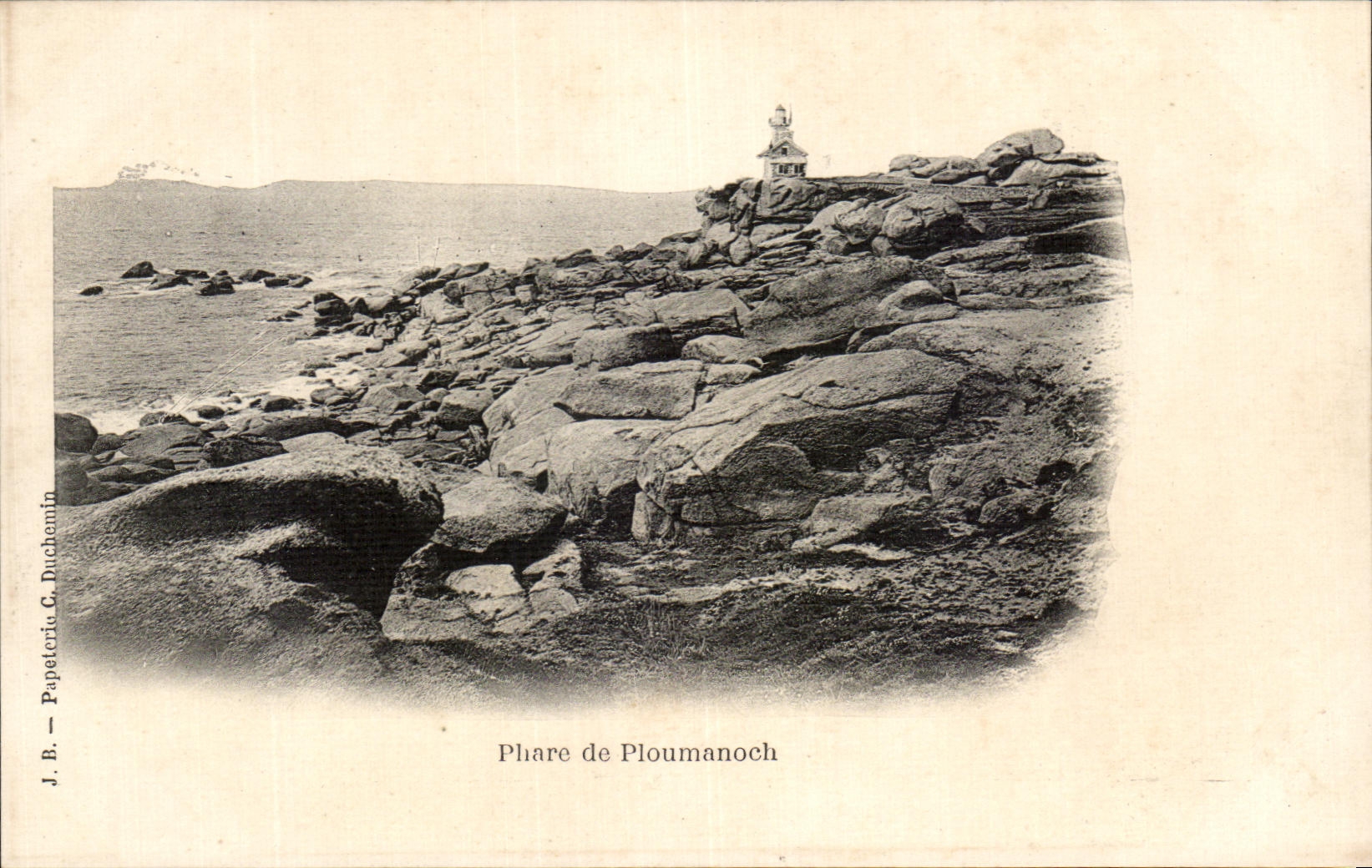 Phare de Ploumanoch — vue du phare sur rochers — J.B. Papeterie G. Duchemin - Anverso