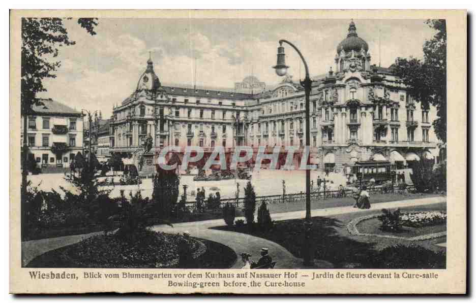 Wiesbaden, Blick vom Blumengarten vor dem Kurhaus auf Nassauer Hof — Jardin de fleurs devant la Cure-salle