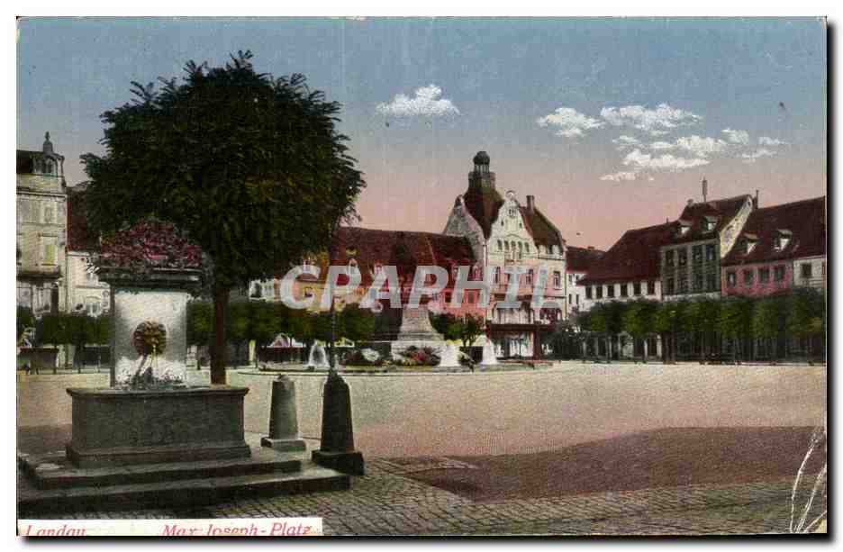 Landau - Max-Joseph-Platz — vue du square avec fontaine et bâtiments — éditeur Graphiti