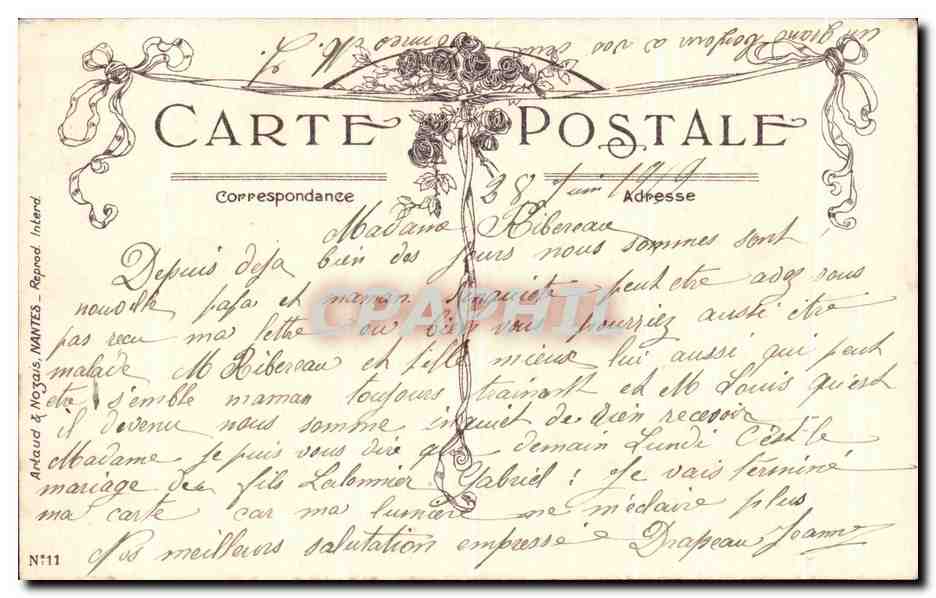 Bon Souvenir — Carnations et ruban — Arlaud & Nozais, NANTES, N°11 — Reverso