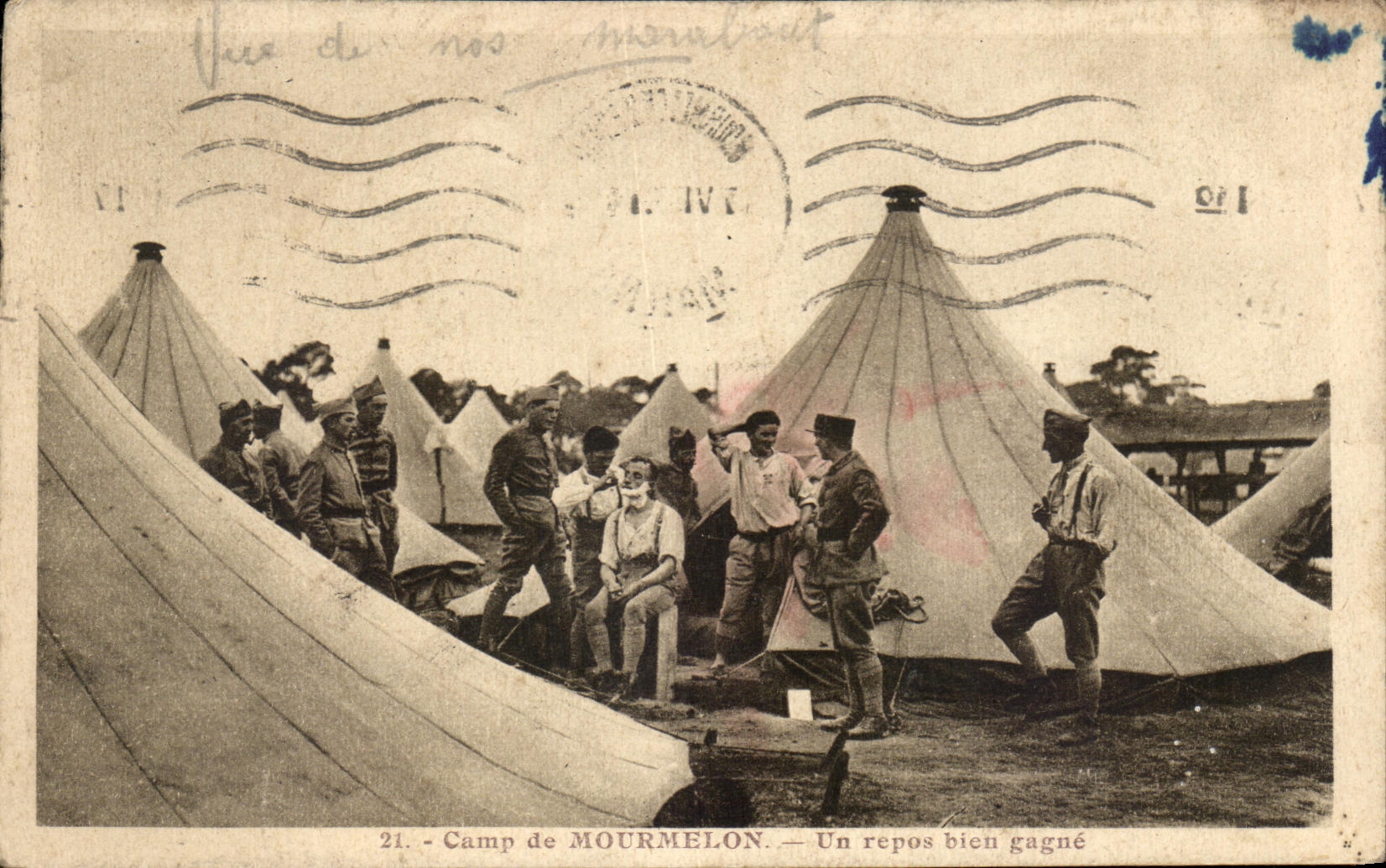 CPA Camp de Mourmelon Un Repos bien Gagne Barbier Coiffeur Militaria