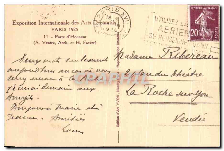 CPA Exposition Internationale Des Arts Decoratifs Paris 1925 Porte d'Honneur  — Rückseite
