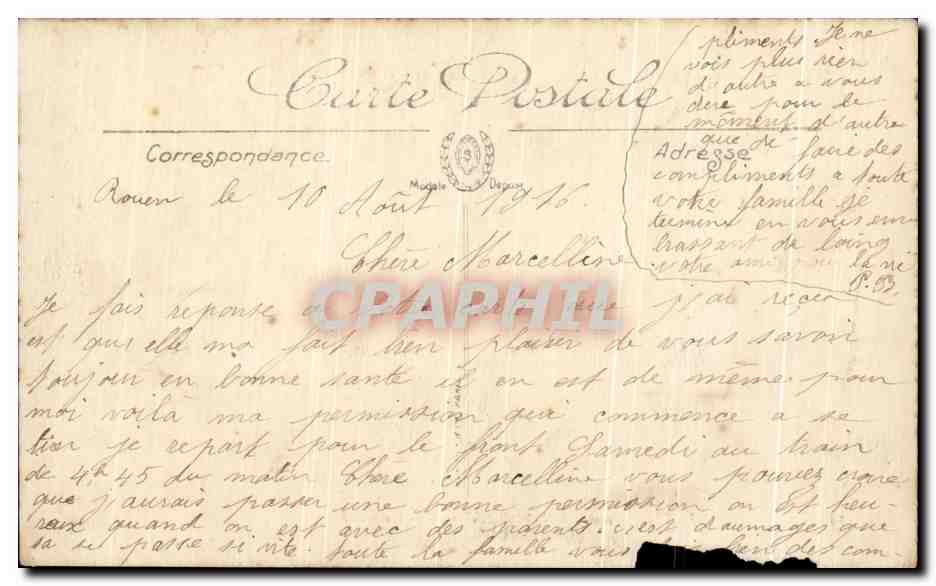 CPA Rouen La Place Carnot Le Pont Boieldieu Et La Cathedrale — Verso