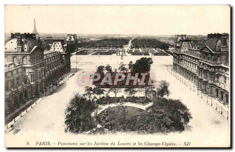 CPA Paris Panorama Sur Les Jardins Du Louvre Et Les Champs Elysees Tour Eiffel