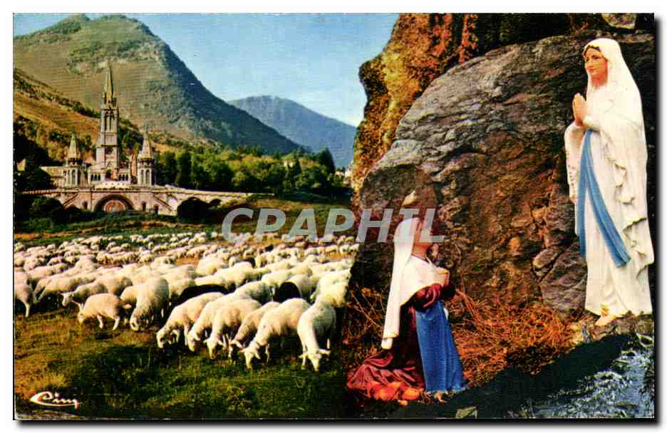 CPA Lourdes l'apparition a Bernadette et la Basilique 