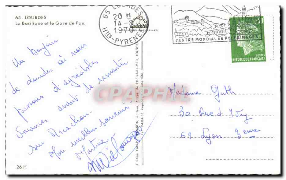 CPA Lourdes La Basilique et le Gave de Pau — Verso
