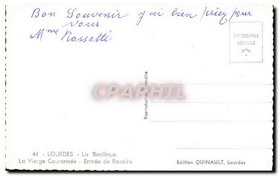 CPA Lourdes La Basilique la Vierge Couronnee Entree du Rosaire — Verso