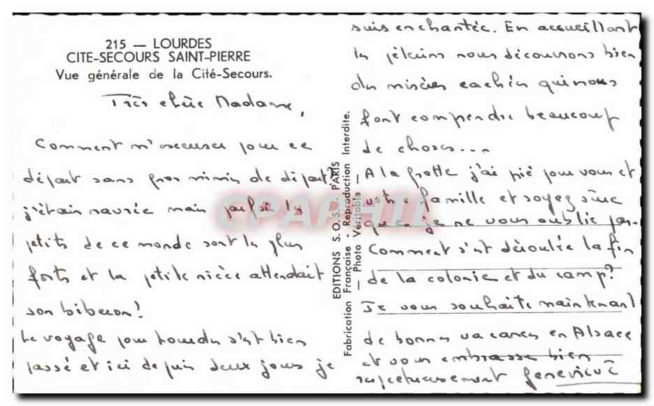 CPA Lourdes Cite Secours Saint Pierre Vue generale de la Cite Secours — Verso