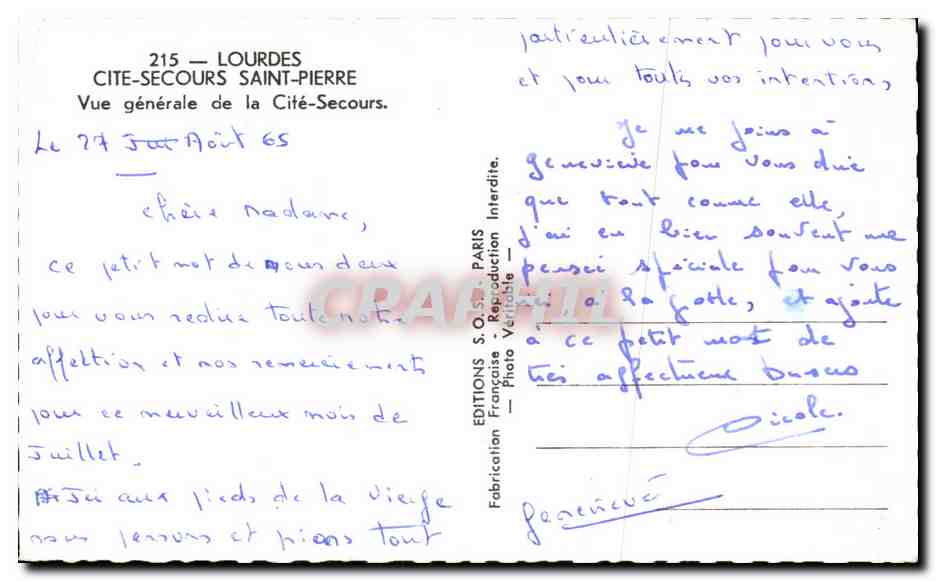 CPA Lourdes Cite Secours Saint Pierre Vue generale de la Cite Secours — Verso