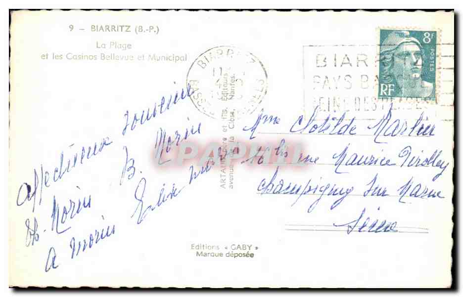 CPA Biarritz La Plage et les Casinos Bellevue et Municipal — Verso