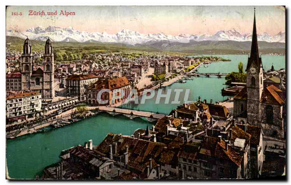 Zurich und Alpen — vue panoramique avec montagnes enneigées — série 161-5