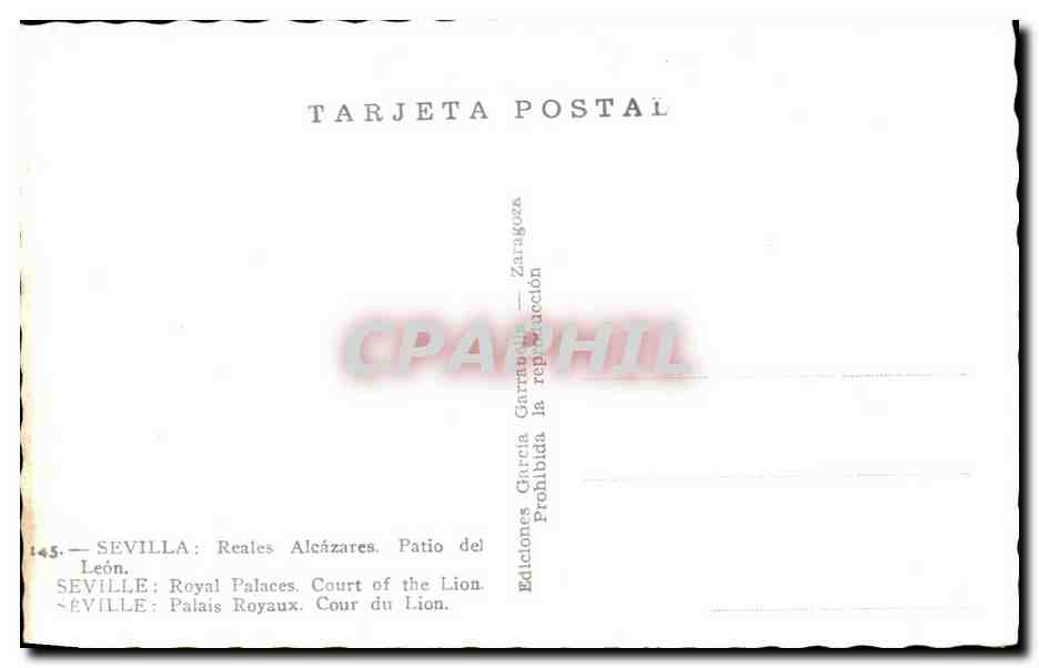 CPA Sevilla Reales Alcazres Patio Del Leon Seville — Rückseite
