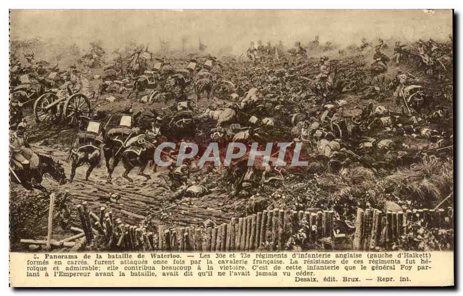 Panorama de la bataille de Waterloo — Les 30e et 73e régiments d'infanterie anglaise (gauche d'Halkett) — Desaix, édit. Brux. — Repr. int.