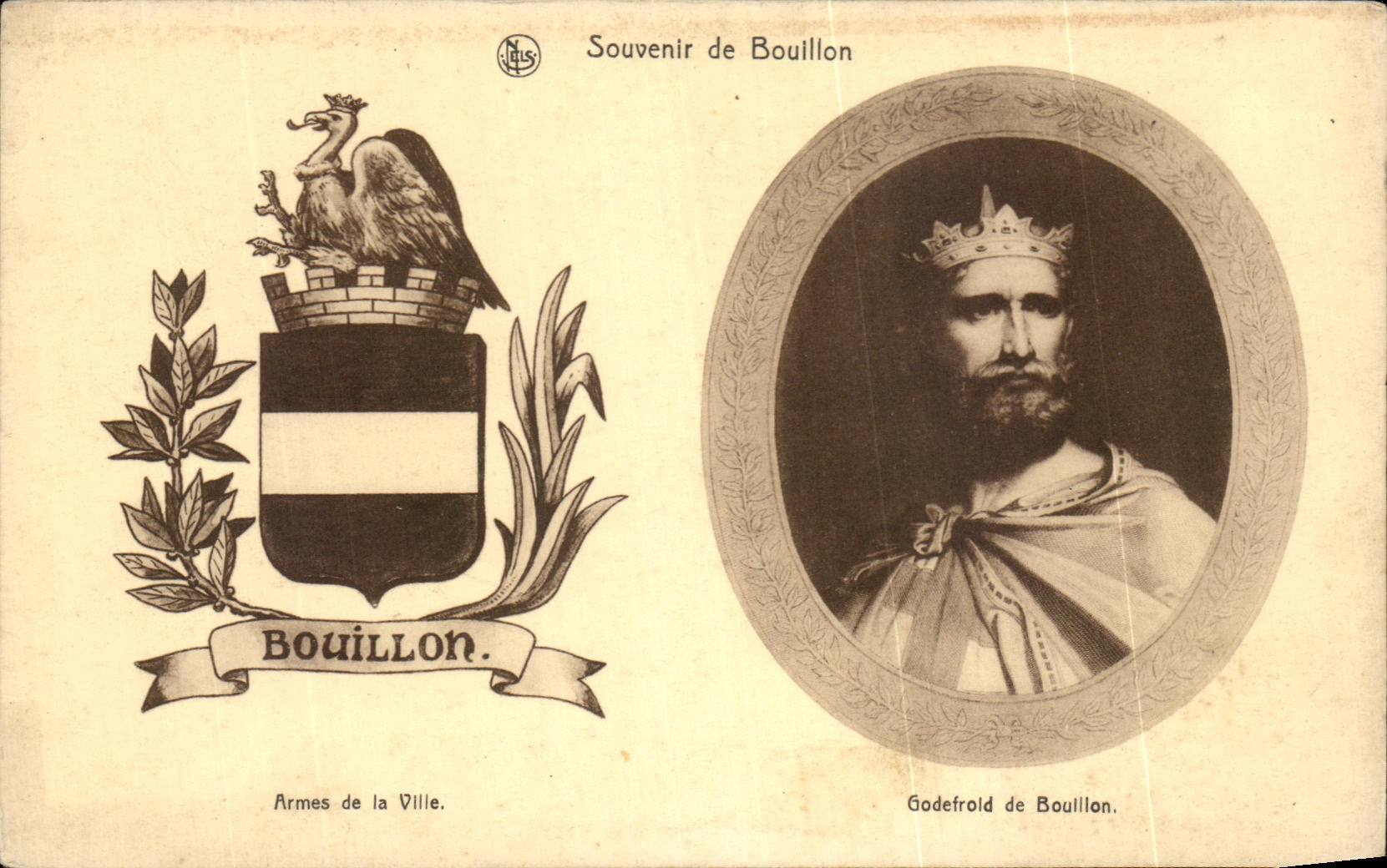 Bouillon — Armes de la Ville et Godefroid de Bouillon — Éditeur N. L. S.
