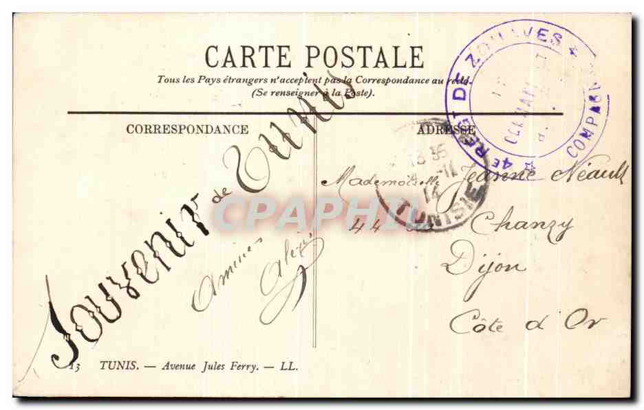 CPA Souvenir Tunis Avenue Jules Ferry Tunisie — Verso