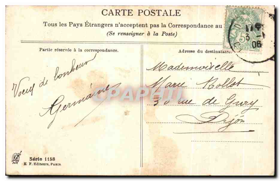 Junge Frau mit Kleeblatt — Serie 1158 — E. F. Editeurs, Paris — Rückseite
