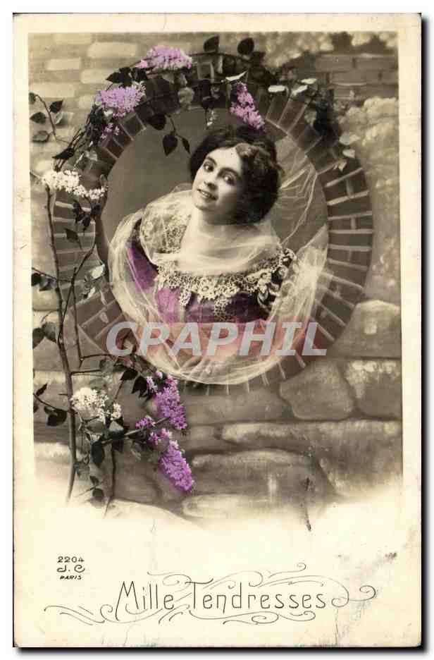 Mille Tendresses — Sujet : jeune femme en robe violette et voile, encadrée par un arc de lilas — éditeur J.E. Paris, n° 2204