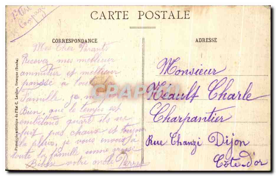 CPA Belfort La Gare — Verso
