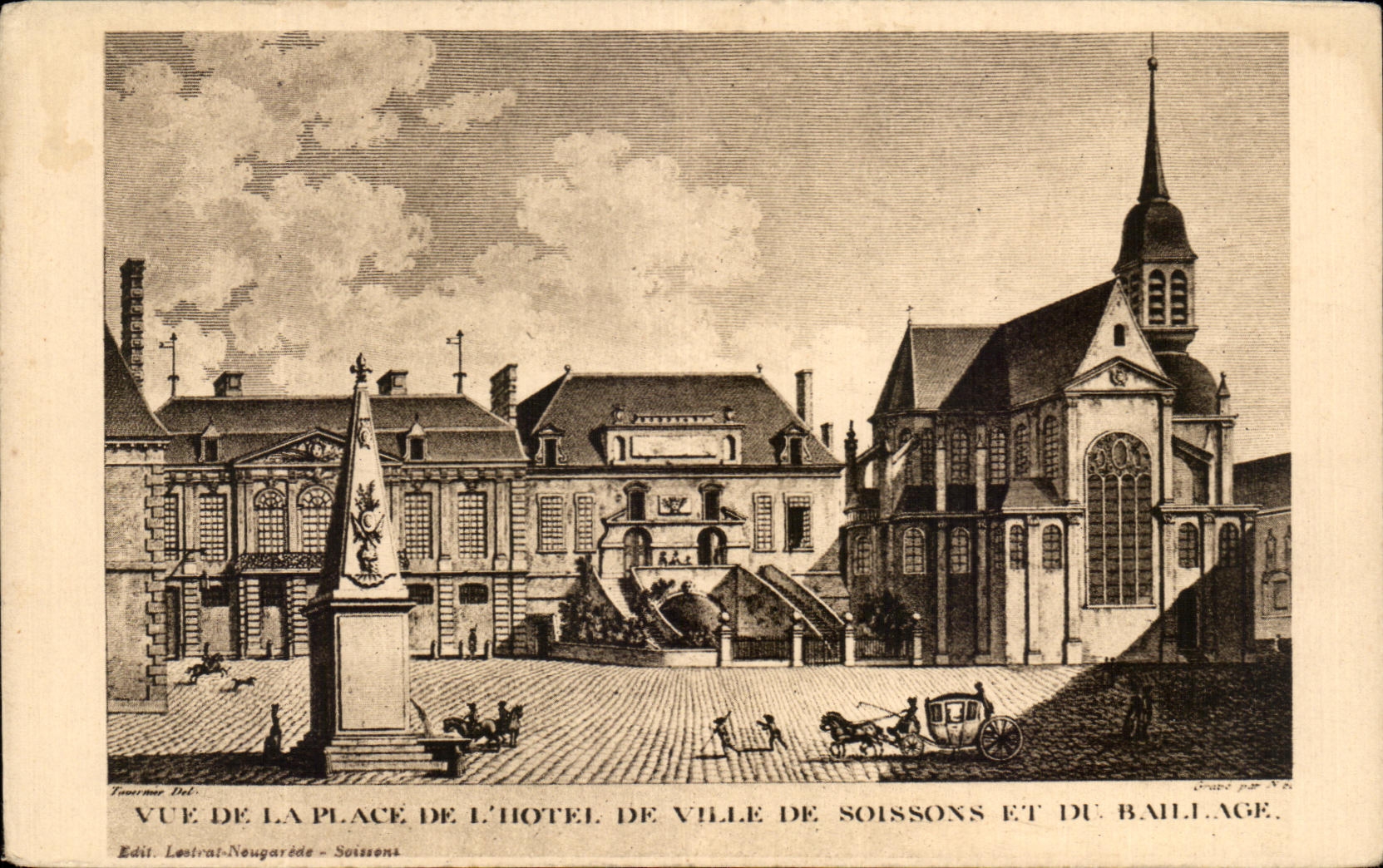 Place de l'Hôtel de Ville de Soissons und du Bailliage — Kupferstich von Tavernier — Edit. Lestrail-Neugarède — N°6