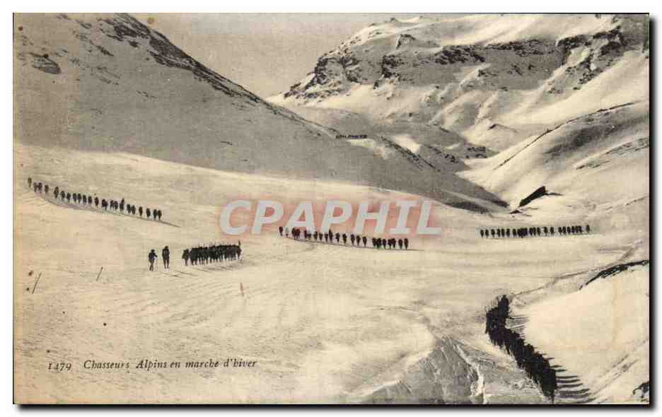 CPA Chasseurs Alpins en marche d'hiver Militaria