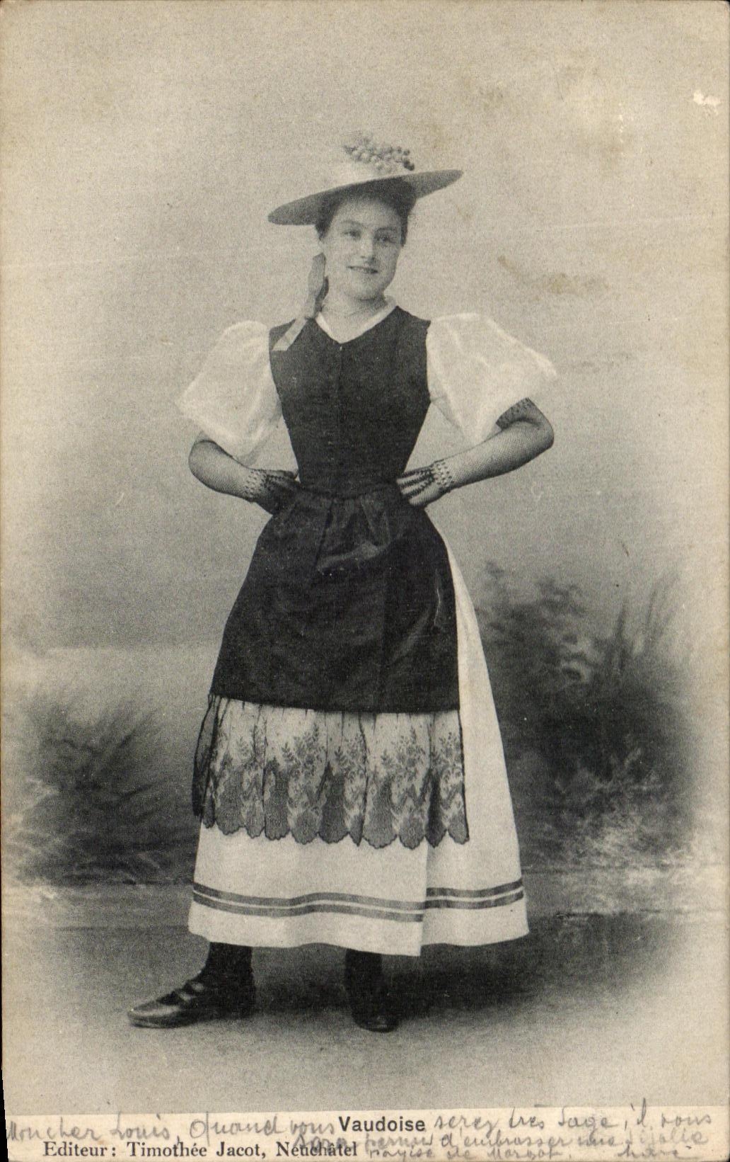 Jeune Vaudoise — en costume traditionnel — Éditeur Timothée Jacot, Nendaz