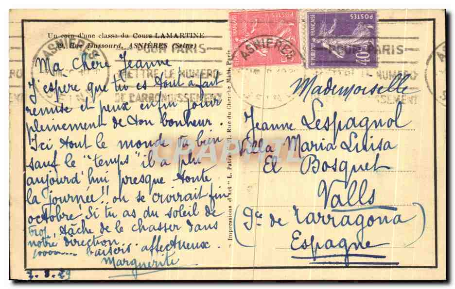 CPA Un Coin d'une classe du Cours Lamartine Rue Dussourd Asnieres — Rückseite