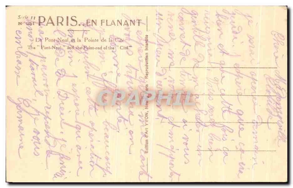 Paris. En Flanant — Le Pont-Neuf et la Pointe de la Cité — Édition d'Art YVON, N° 351 — Rückseite