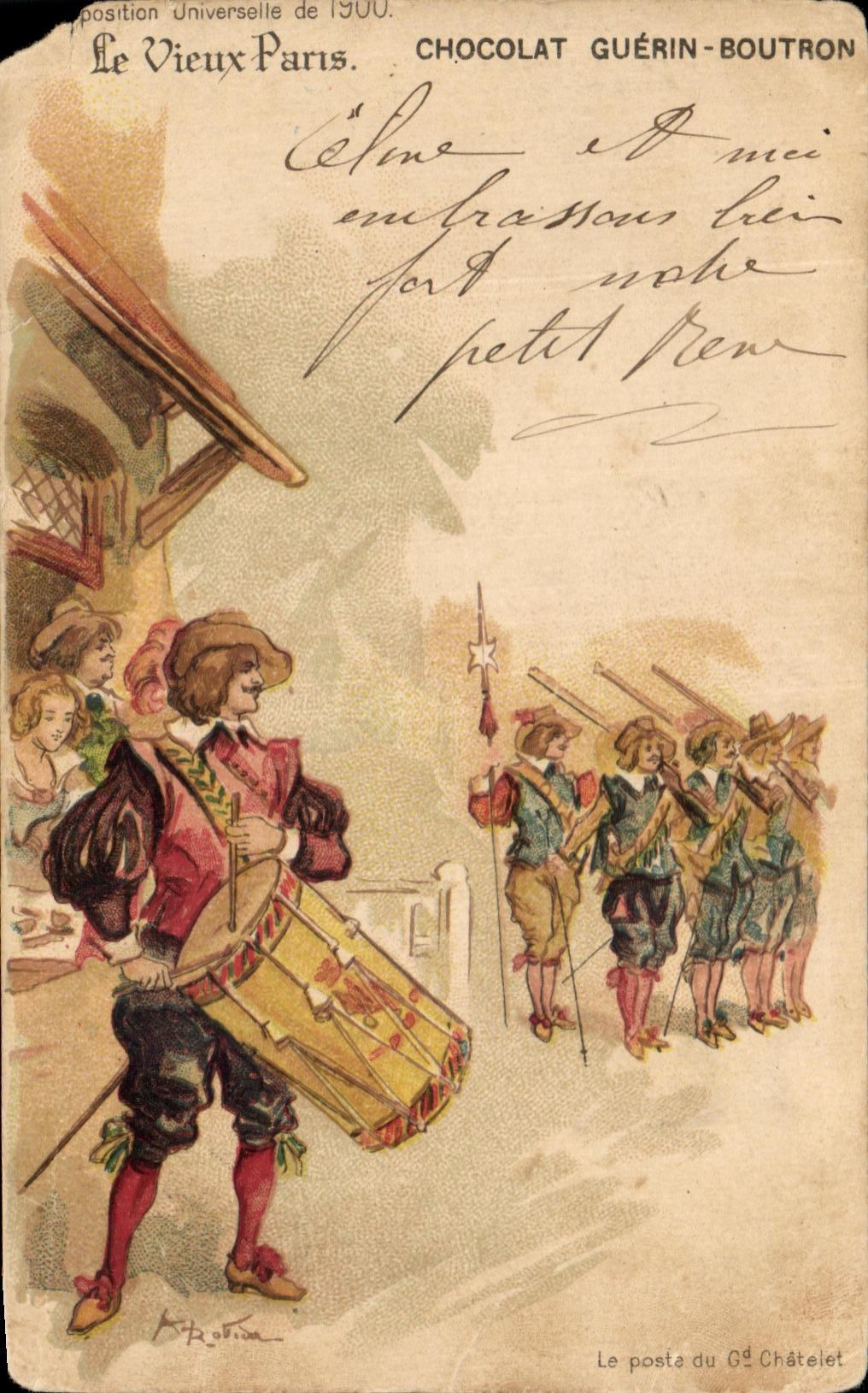 CPA Paris Le Vieux Paris Chocolat Guerin Boutron Exposition universelle 1900 Le poste du grand Chatelet Mousquetaires